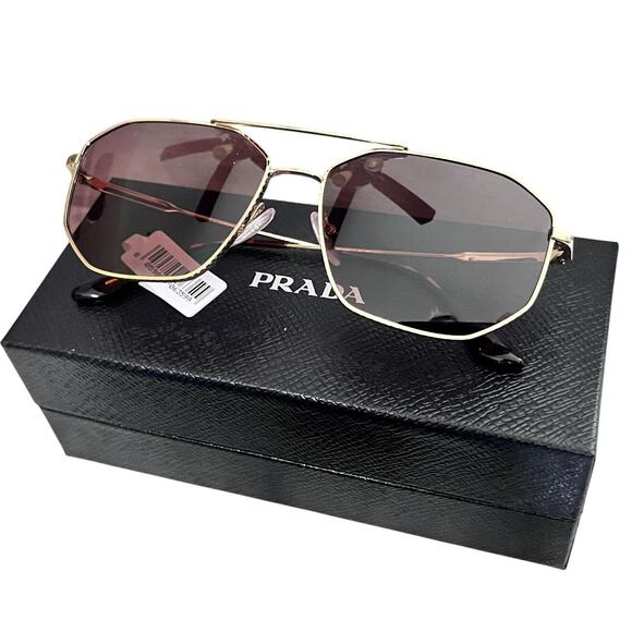 NWT PRADA 60mm Gold Tone Geometric Pilot Sunglasses Case & Cloth ~ HTF